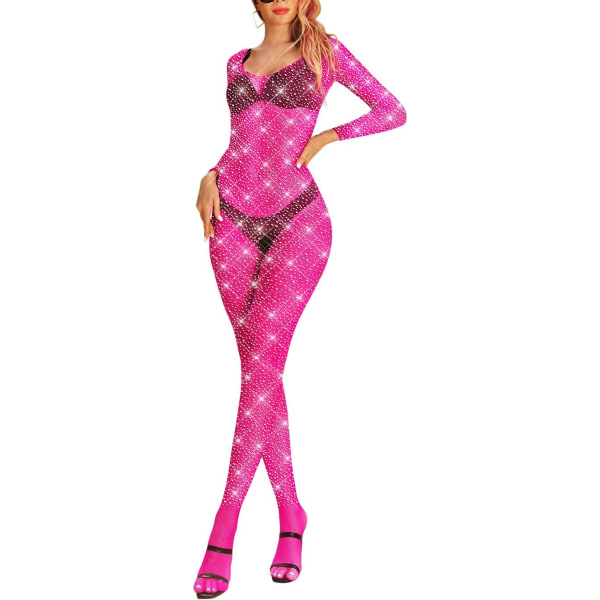 KELF Dam Classic Fishnet Bodystocking Lingerie Party Sparkle Rhinestone Strumpor One Piece Rose One Size