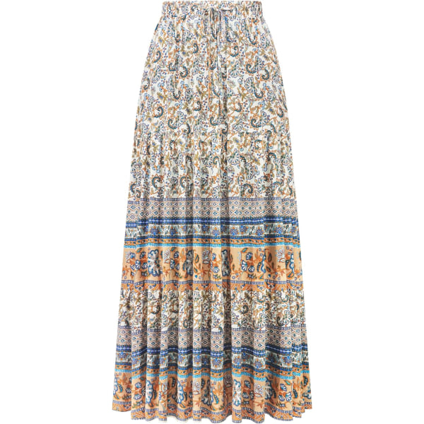 ivimos Dam Sommar Bomull Vintage Blommig Tryck Boho Casual Volang Flytande Maxikjol Beige Liten