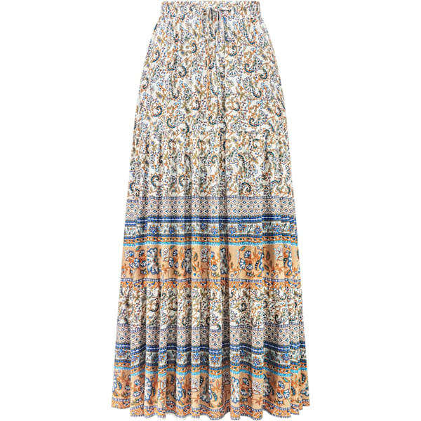 ivimos Dam Sommar Bomull Vintage Blommig Tryck Boho Casual Volang Flytande Maxikjol Beige Medium