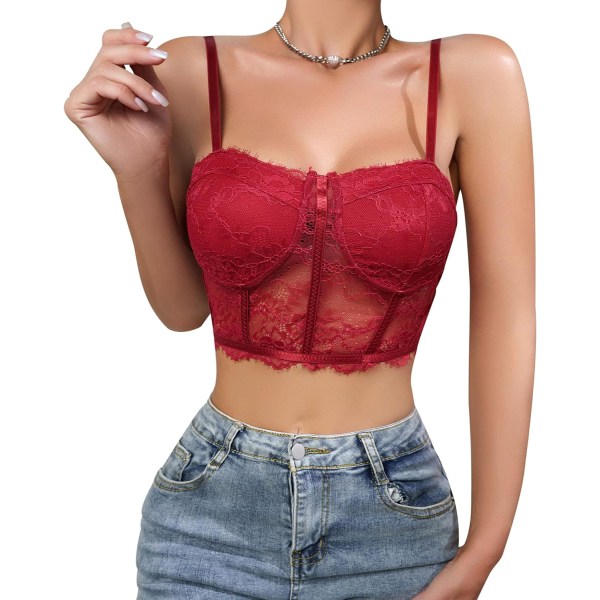 amic Bustier Toppar för Kvinnor Korsett Topp Spaghetti Rem Crop Top Spets Bralette Vinröd Medium