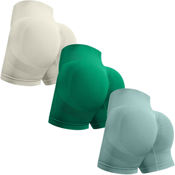 ORT 3-pack träningsshorts för kvinnor sömlösa scrunch rumpa lyftande hög midja yoga gym booty löparshorts vita/gröna/blå stora