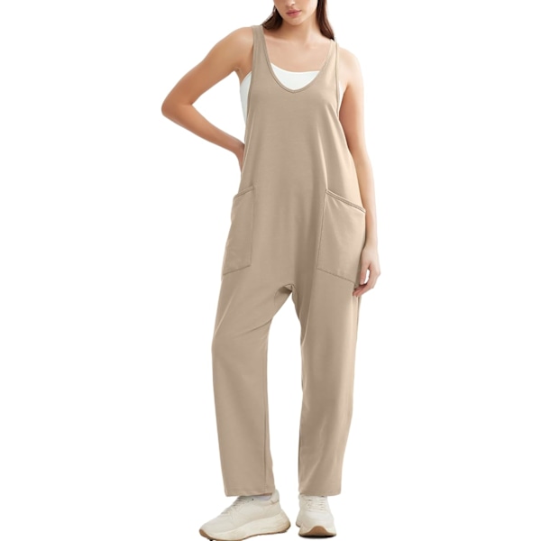 EFAN Jumpsuits för kvinnor Casual Sommar Dressy Ärmlös Overaller Lång Lös Baggy Rompers Jumpers Med Ficka 2024 08-khaki XX-Large