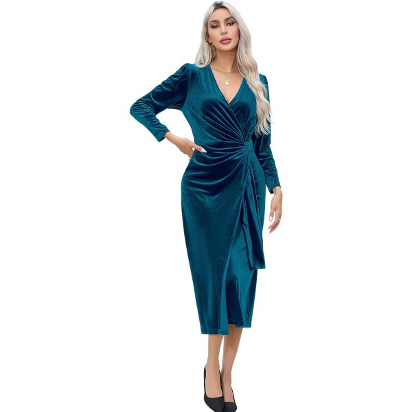 ivimos Dam Velvet V-ringad Wrap Klänning Höst Vinter Långärmad Midja Ruched Elastisk Elegant Midi Klänning Teal Medium