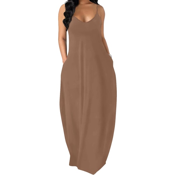 EFAN Damklänningar Sommar Spaghetti Strap Klänning med Ficka Aq- Brun X-Large