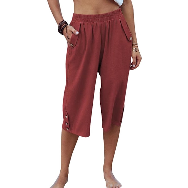 aer Dam Capribyxor Casual Cropped Byxor Elastisk Midja Sommarbyxor 3/4 Längd Byxor med Fickor S-XXL Röd Medium