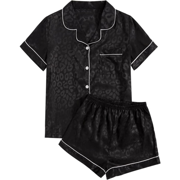 dusa Dam 2-delad satin nattkläder knapp fram nattkläder kortärmad pyjamas set leopard svart stor