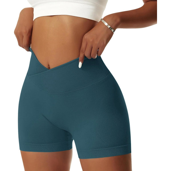 ie Dam Gym Shorts V Cross Elastisk Push Up Yoga Shorts Booty Scrunch Hög Midja Atletiska Leggings Dunkel Cyan X-Small