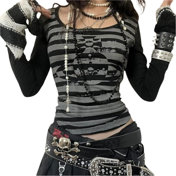 Kvinnor Vintage Fairy Grunge Randig Långärmad Skjorta Slim Fit Fick Fram Gotisk Hoodies Färgblock Tunika Toppar