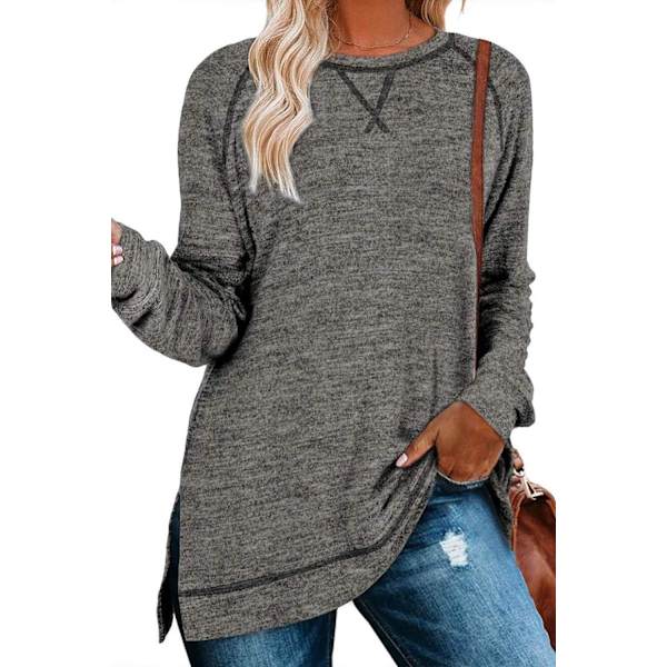 OUQE Dam Loose Color Block Randig Lång/Kort Ärm T-shirt Casual Bekväma Toppar Solid Color Top Grå Medium