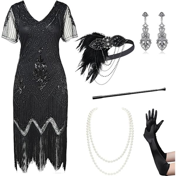 EYOND Plus Size 1920-tals Art Deco Fransad Paljettklänning Flapper Gatsby Kostymklänning för Kvinnor Set - Svart XX-Large