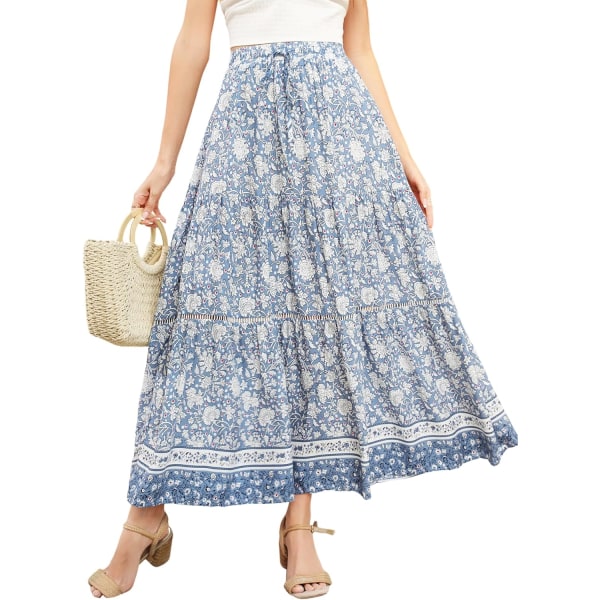ivimos Dam Sommar Bomull Vintage Blommig Tryck Boho Casual Volang Flytande Maxikjol Ljusblå Liten
