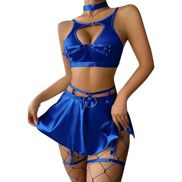 FIP Kvinnors Rave Outfits Metallic Minikjol Cutout Crop Bra Top Choker Strappy Festival Dancewear set Royal Blue X-Large