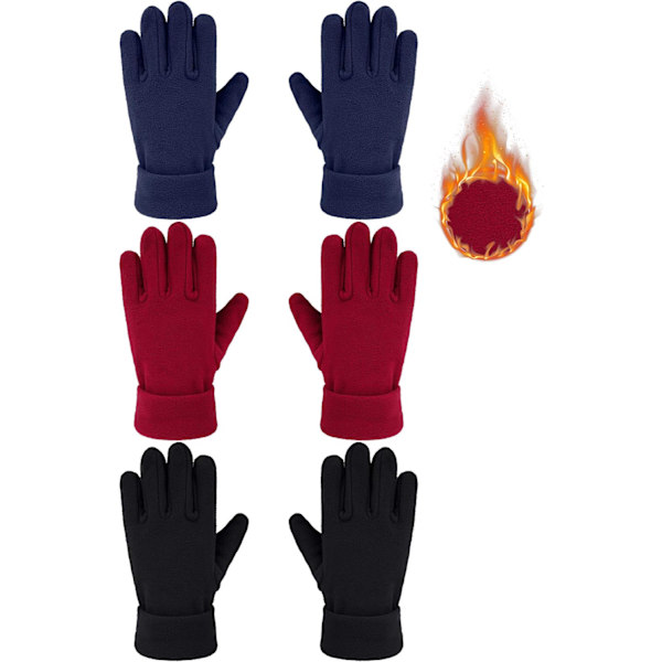 INIOR 3 par barn vinter fleece handskar mjuka varma helfingerhandskar för pojkar och flickor svart, marinblå 5-8 år