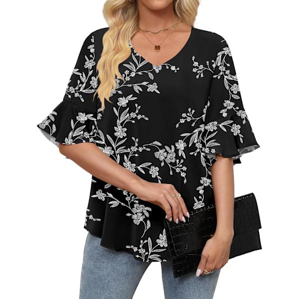 MOON Dam Blusar i Chiffon 3/4 Ärm Skjortor V-Ringning Klockad Ärm Klädd Toppar Vit Blomma Bl Medium