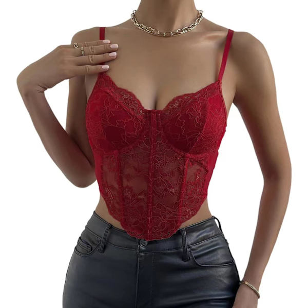 USS Spetskorsett Topp V-hals Elastiska Remmar för Fest Streetwear Utekväll Festkorsett Toppar för Kvinnor Bustier Vinröd X-Small