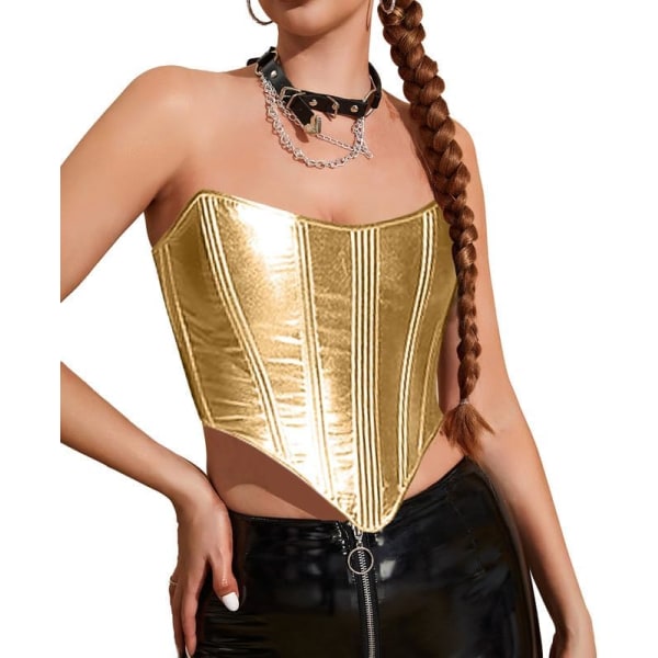 ay Korsett Toppar för Kvinnor Metallic Läder Korsett Topp Y2K Sexig Strapless Bustier Bodyshaper Guld Stor