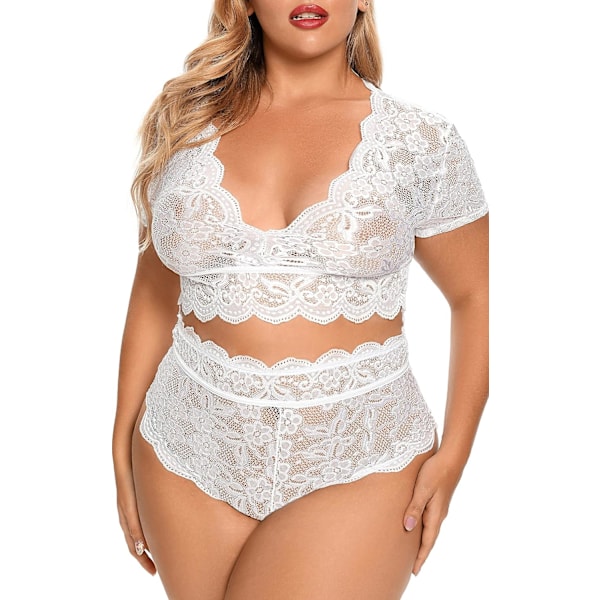 s Storlek 2-delat Lingerie Set för Kvinnor Sexig Djup V-ringning Allover Spets BH och Trosor Hög Midja Nattkläder Clubwear Vit 5X-Large