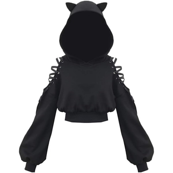 OOLH Damkattöronhuvtröjor Långärmad Off Shoulder Söt Crop Top Pullover Hoodie Sweatshirt