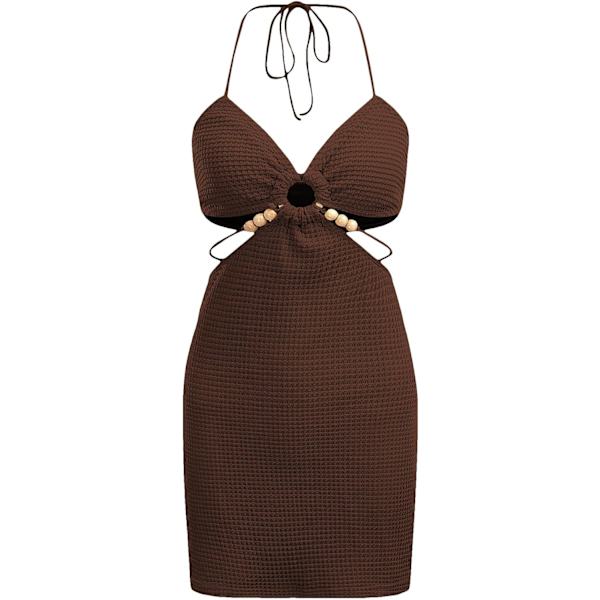 dusa Dam Casual Ärmlös Tie Rygglös Cut Out V-hals Bodycon Halter Mini Strand Boho Klänning Kaffe Brun Medium