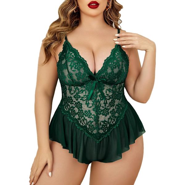 dlove Plus Size Lingerie för kvinnor Spets Bodysuit One Piece Teddy Babydoll Mesh Chemise V-ringad Nattkläder L-4XL Sjögrön 4X-Large