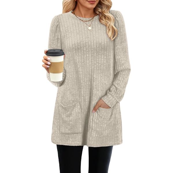 EFAN Höst Damtröjor Långärmad Plus Size Toppar med Fickor Mjuk Beige 3XL