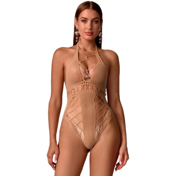 OPATA Damunderkläder för kvinnor Sexig Body Nät Teddy One Piece Deep V Mesh Babydoll Nude