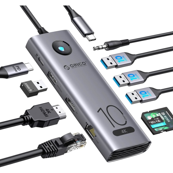 10 Gbps USB C-hubb, 6-i-1 USB-C-dockningsstation för bärbar dator till 4K@60Hz HDMI, USB 3.2 10G, 2×USB 3.0, 100W PD, Gigabit Ethernet för Dell/Surface/HP/Lenovo-bärbara datorer