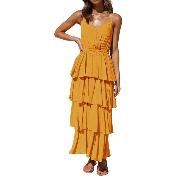 ivimos Dam Sommar Bomull Spaghetti Remmar V-Ringad Lager Ruffle Fåll Boho Swing Midi Klänning Gul X-Large