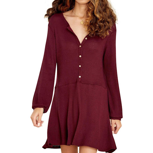 ivimos Dam Fall Bomull Långärmad Casual Knäppning Stickad Swing Flare Mini Tunika Klänning Bourgogne X-Large