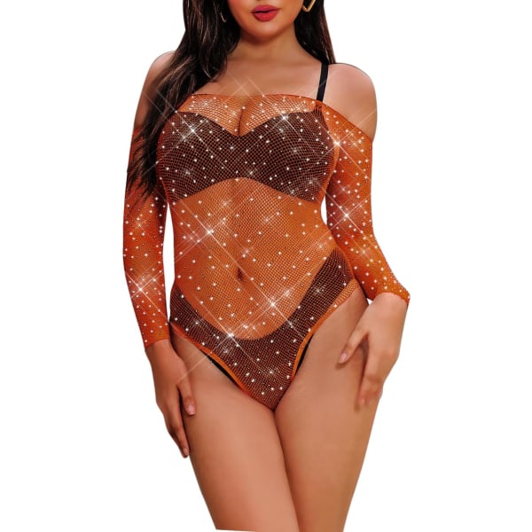 KELF Damsvart Fishnet Bodysuit Sparkle Rhinestone Top Underkläder Strings Body Caramel Large-X-Large