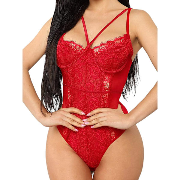 Genom Lingerie, V-ringad spetsbody, sexig underkläder för kvinnor, en del body Bright Red X-Large