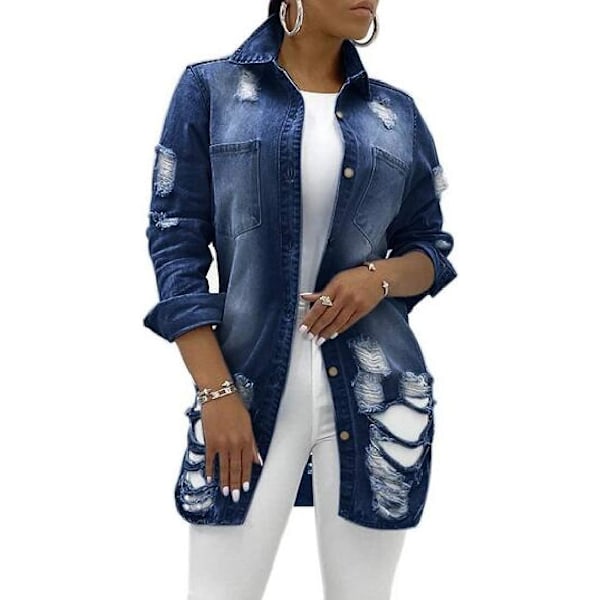 emuho Dam Classic Long Jean Jacka Plus Size Lös Långärmad Knapp Ned Denim Jacka Trenchcoat Denim Blå X-Large