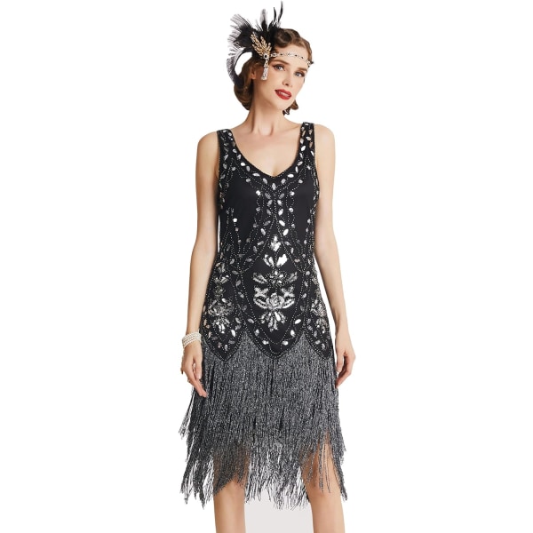 EYOND 1920-tals Flapper Dress Roaring 20-tal Great Gatsby Costume Dress Fringed Embellished Dress Black & Silver X-Large