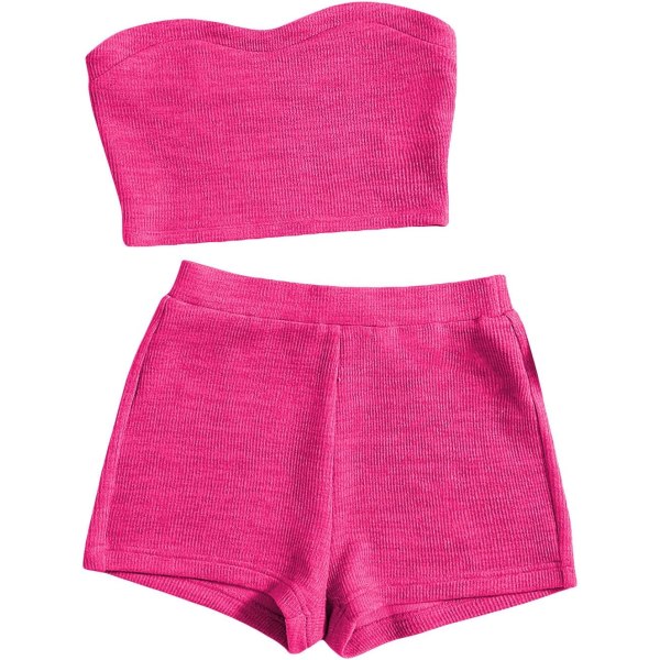 dusa dam 2-delad outfit Ribbad Crop Bandeau Tube Top och Biker Track Shorts Set Hot Pink Large