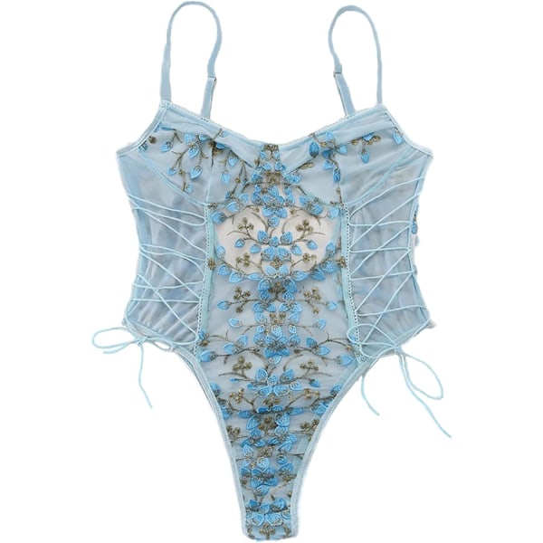osy Kvinnor Sexig Spets Upp Blommig Broderad Teddy Lingerie Bodysuit Topp Mesh Sheer One Piece Ljusblå Stor
