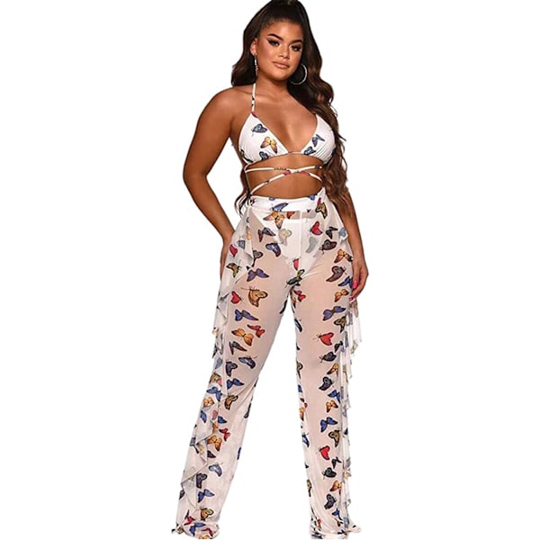 Beading Pearl See Through Sheer Mesh 2 Pieces Outfits Jumpsuits Crop Top och Hollow Out Ruffle Long Pants Butterfly White Small