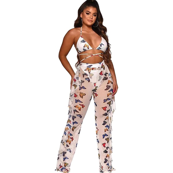sv Beading Pearl Se Through Sheer Mesh 2-delade Outfits Jumpsuits Crop Top och Hollow Out Ruffle Långbyxor Butterfly White X-Large