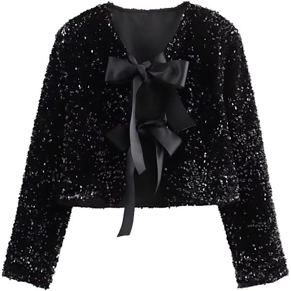 ivimos Dam långärmad crop top höst vinter paljett rosett glitter mode casual toppar blusar svart X-Small