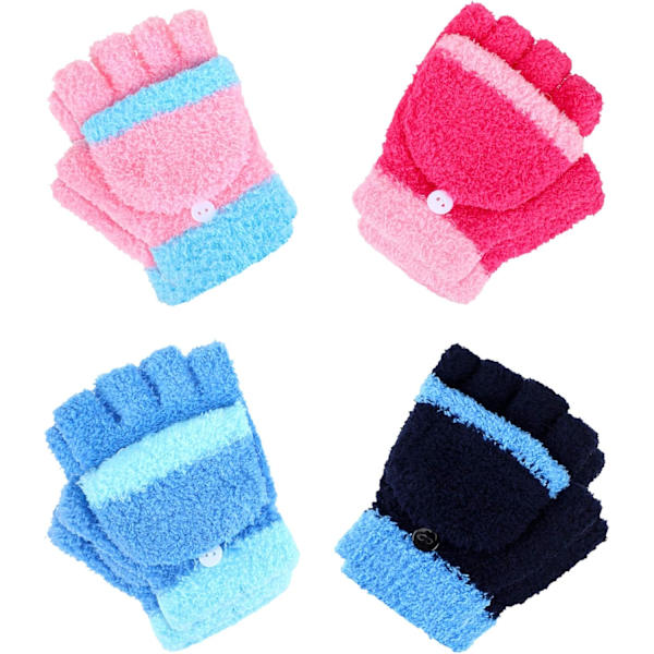 4 par konvertibla fingerlösa handskar varma fleece stickade handskar med lock för barn