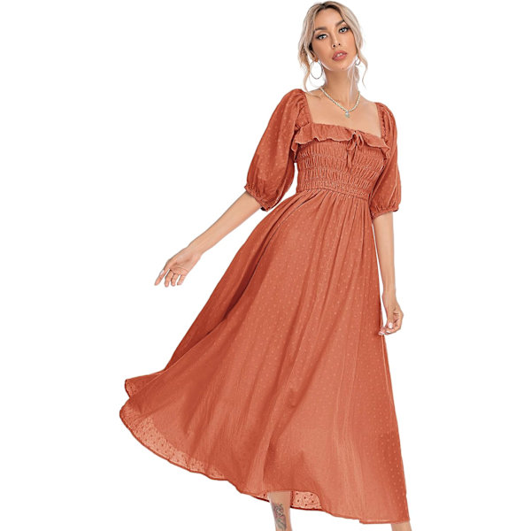 ivimos Dam Sommar Halv Ärm Bomull Volang Vintage Elegant Rygglös A Linje Flytande Långa Klänningar Orange-1 Medium