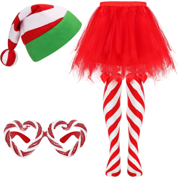 INIOR Set Jultomtehatt Tutu-kjol Randiga strumpbyxor Glitterram Julglasögon för kvinnor Levande stil