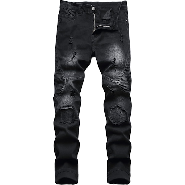 YUM Herr Distressed Slim Fit Biker Jeans Stretch Moto Denim Byxor