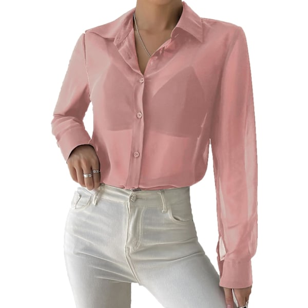 dusa Dam Sheer Mesh Button Up Shirt Långärmad Genomskinlig Blus Rosa X-Small