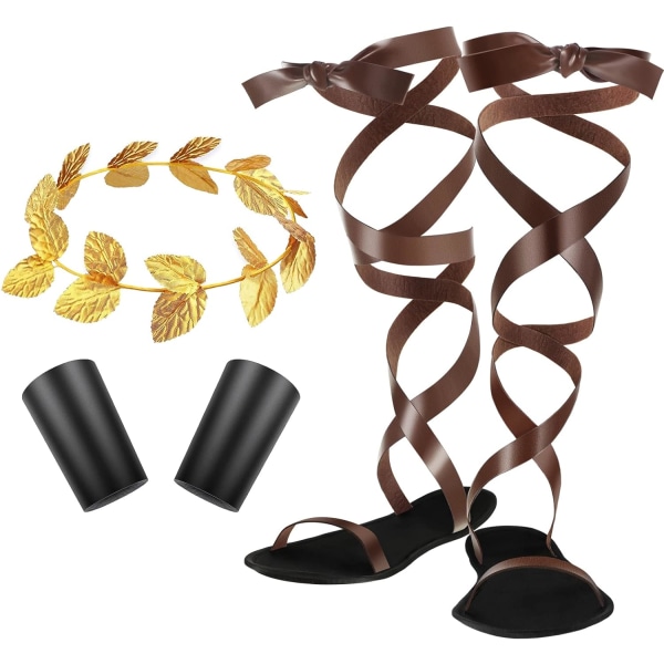 ieces Vuxen Toga romerska sandaler Guld lagerhuvudkrans Läderarmband Set Blad Huvudbonad Sandaler Armband för män 10 US