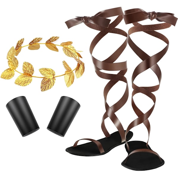 ieces Vuxen Toga Romerska Sandaler Guld Laurel Huvudkrans Läder Armband Set Blad Huvudbonad Sandaler Armband för Män  11 US
