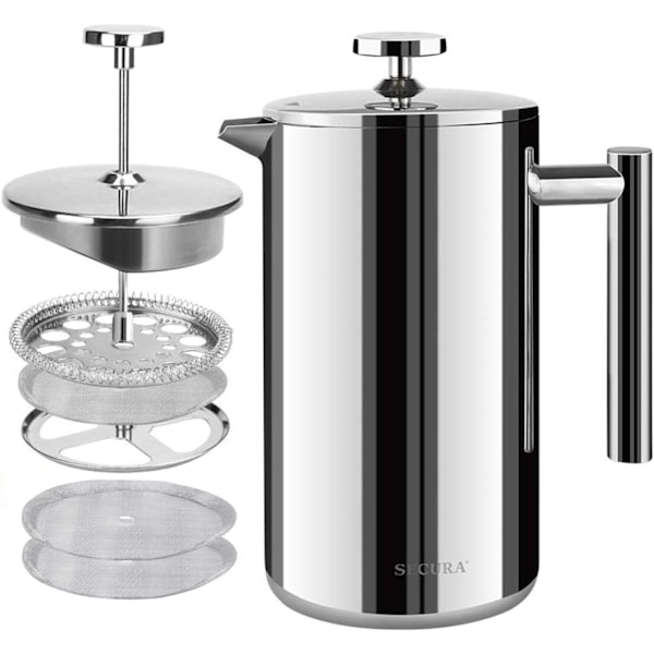 Sura French Press Kaffebryggare, 304 Rostfritt Stål Isolerad Kaffepress med 2 Extra Filter, 17oz (0,5 Liter), Silver