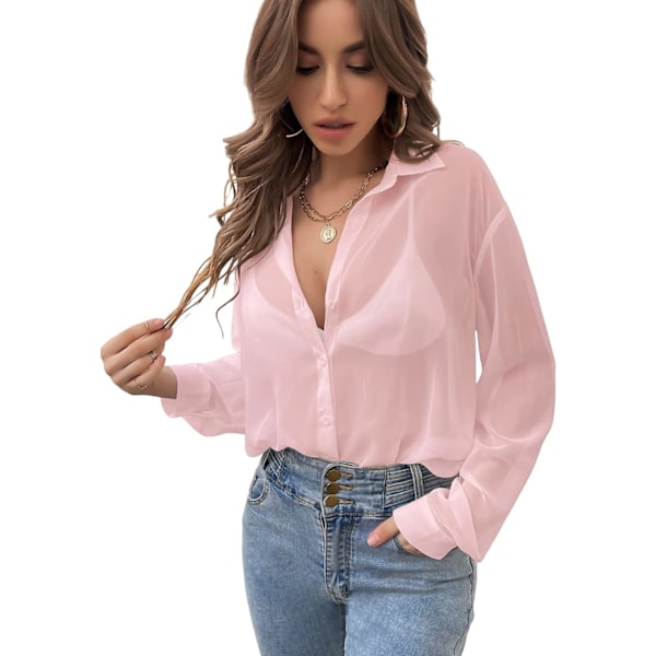 dusa Dam Sheers Mesh Knapp Ned Skjorta Topp Långärmad Sänkt Axel Blus Rosa Liten