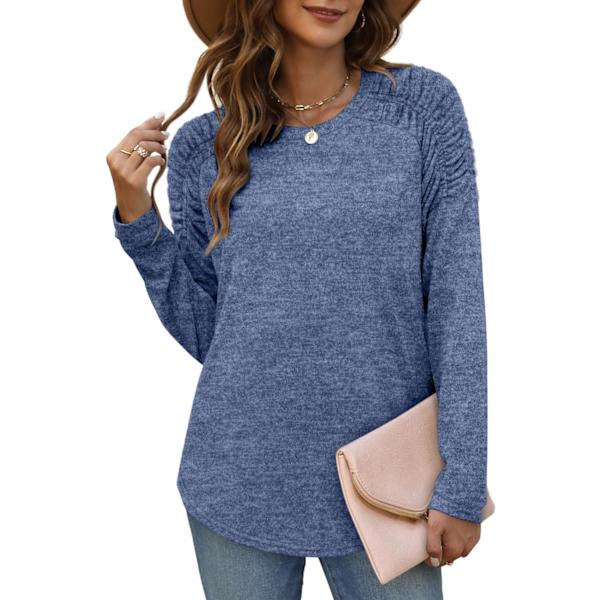 EFAN Dam T-shirt Tunika Långärmad Tröjor Rund Hals Sweatshirt Böjd Fåll 10-marinblå Stor