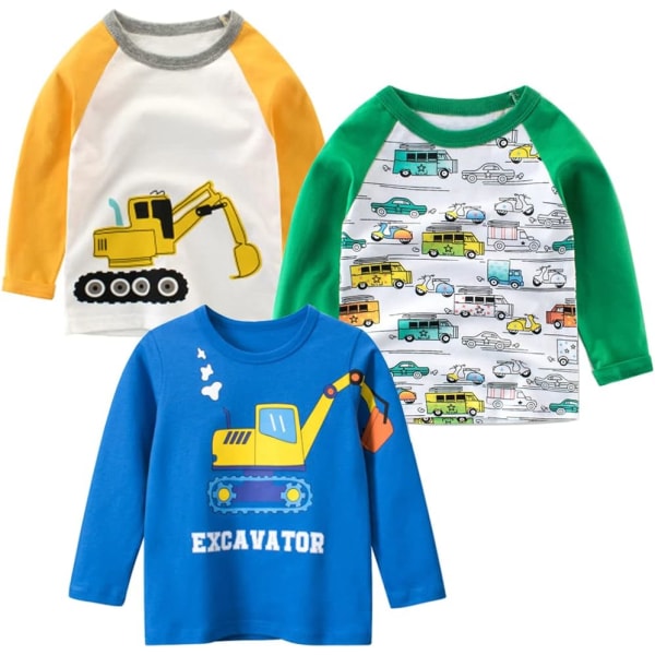 NS Pojk 3-Pack Långärmad Grävmaskin T-shirt 100% Bomull Basic Toppar Bil Skjorta Set-f 4T
