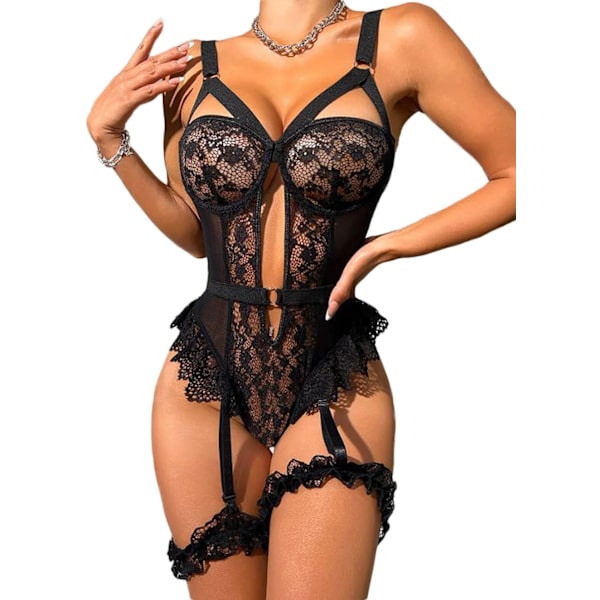 US ALLURE Dam Sexy Lace Teddy Lingerie Bodysuit Bridal med Strumpeband Svart Liten